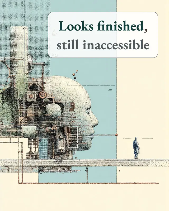 An intricate illustrated structure beneath the words “Looks finished, still inaccessible.”
