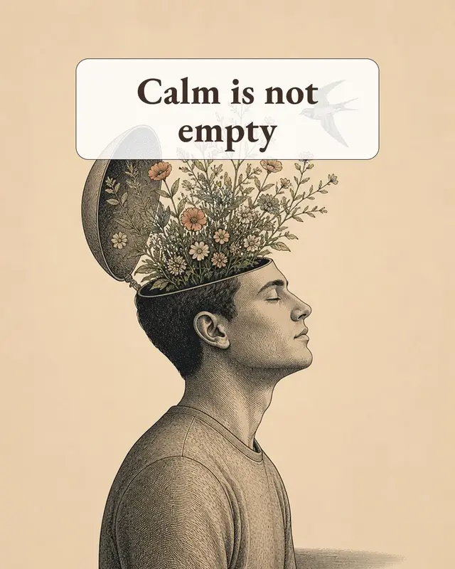 An illustrated profile with flowers inside an open head, captioned “Calm is not empty”.