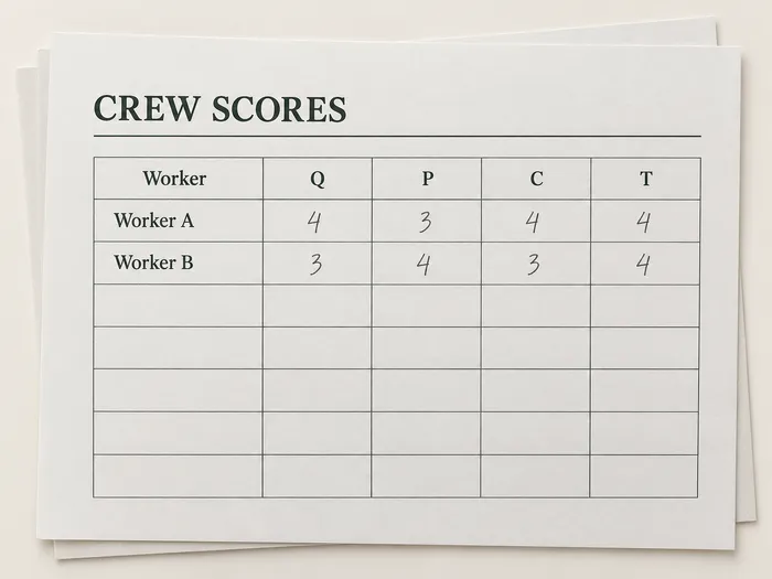Illustrative crew score sheet with anonymous workers and four scoring categories.