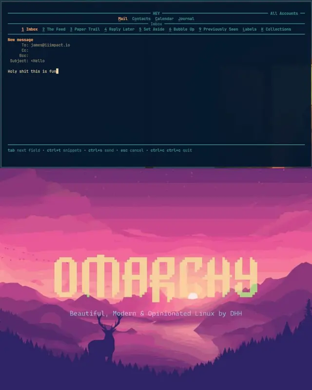 James’s HEY terminal screenshot with “Holy shit this is fun” typed in a draft, above an Omarchy desktop background.