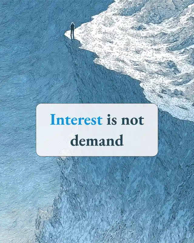 An illustrated figure at the edge of a cliff with the words “Interest is not demand.”