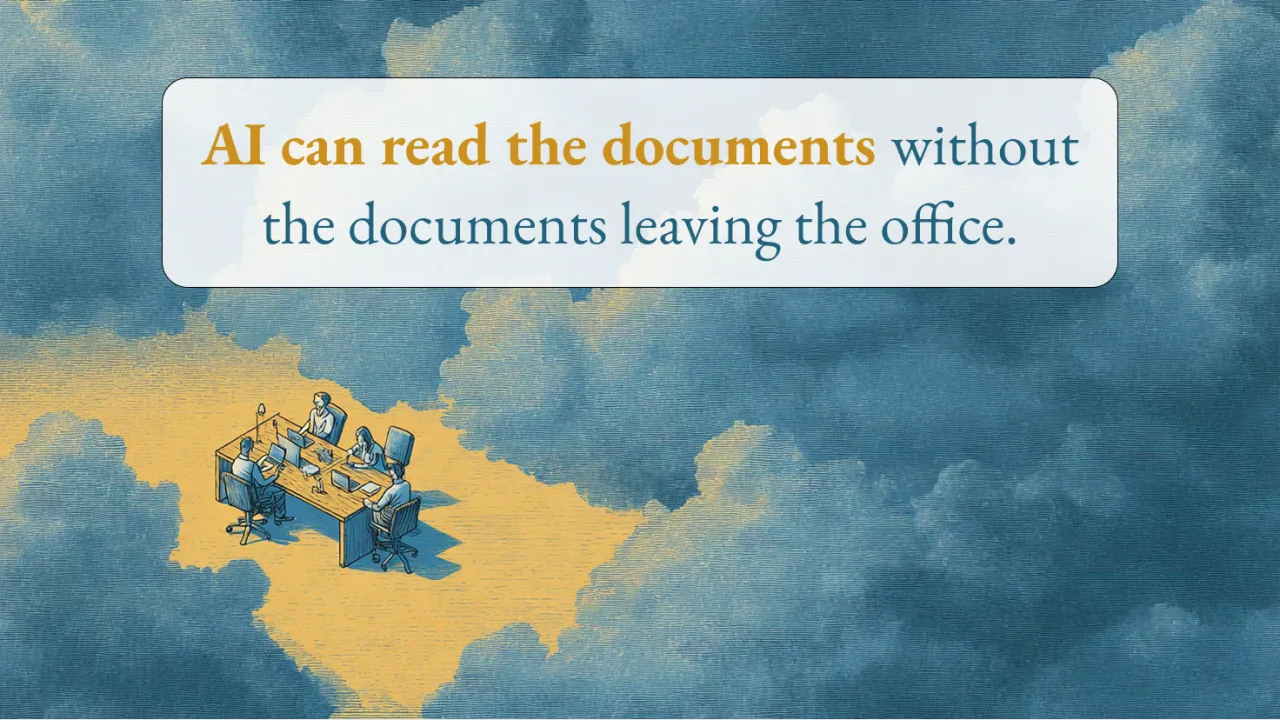 Original blue and yellow illustration with the words AI can read the documents without the documents leaving the office.