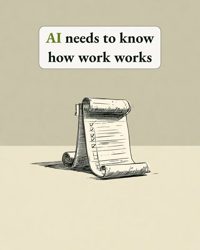 An illustrated checklist beneath the words “AI needs to know how work works”.