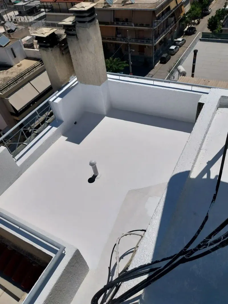 A flat roof coated with a waterproofing membrane, including parapet walls and pipe details.