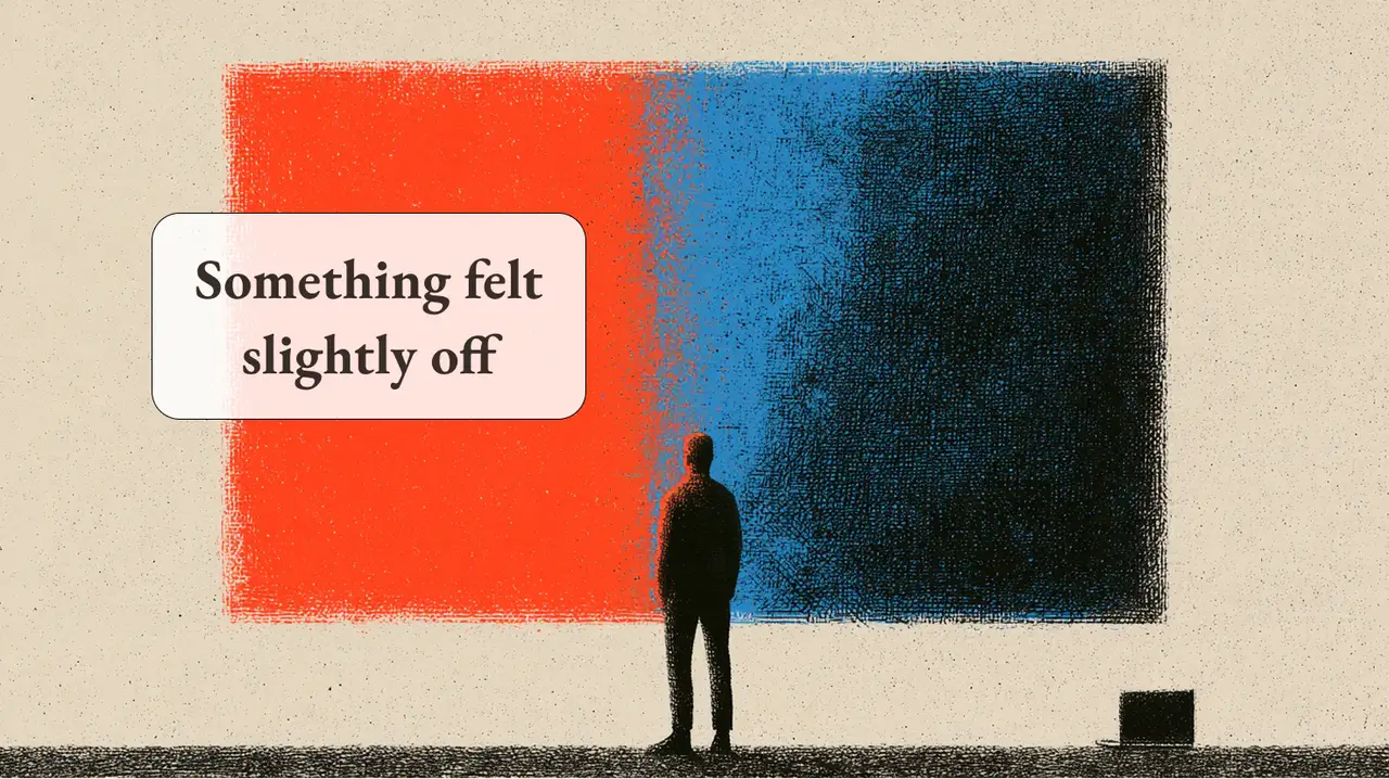 A person facing a textured orange and blue artwork beside the words Something felt slightly off.