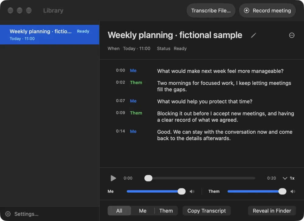 TapScribe’s native Library displaying a fictional sample conversation and its local transcript.
