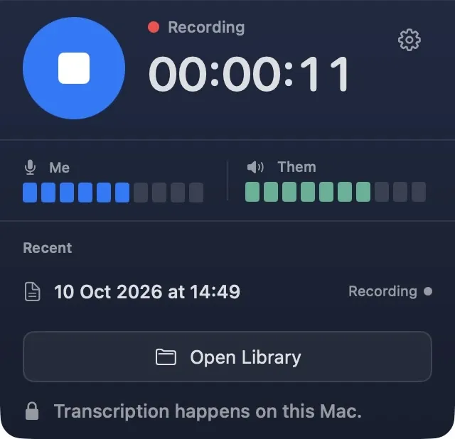 TapScribe’s recording window showing microphone and Mac audio levels.