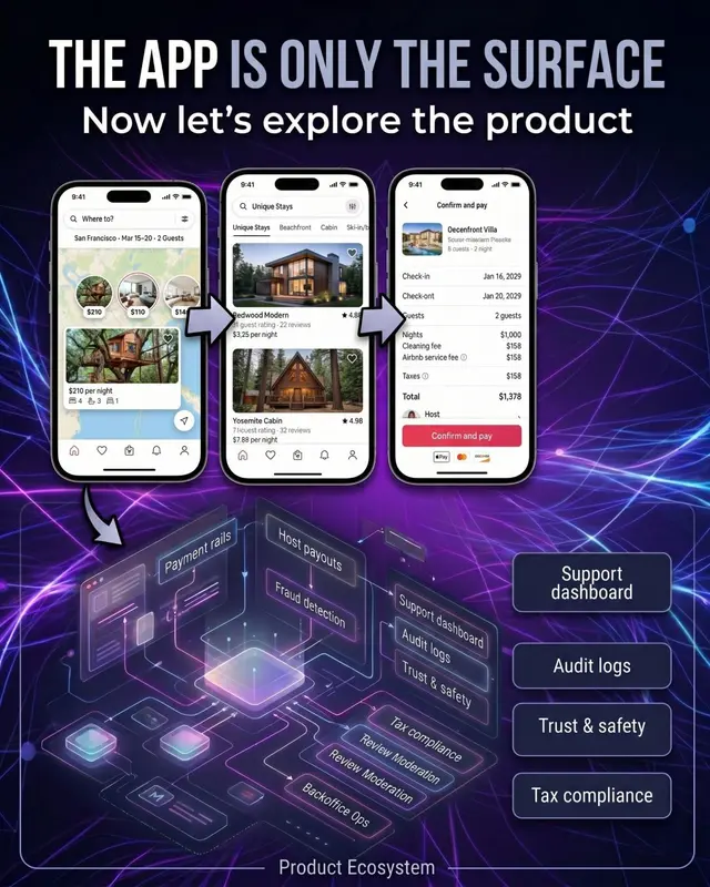 Three marketplace screens above layers of support, audit and trust systems, titled “The app is only the surface”.