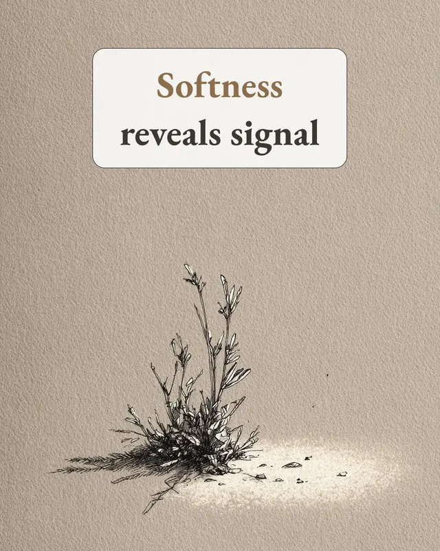 A delicate plant in a sandy landscape beneath the words “Softness reveals signal”.
