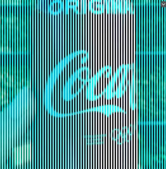 A Coke can colour illusion built from fine cyan, black and white lines.