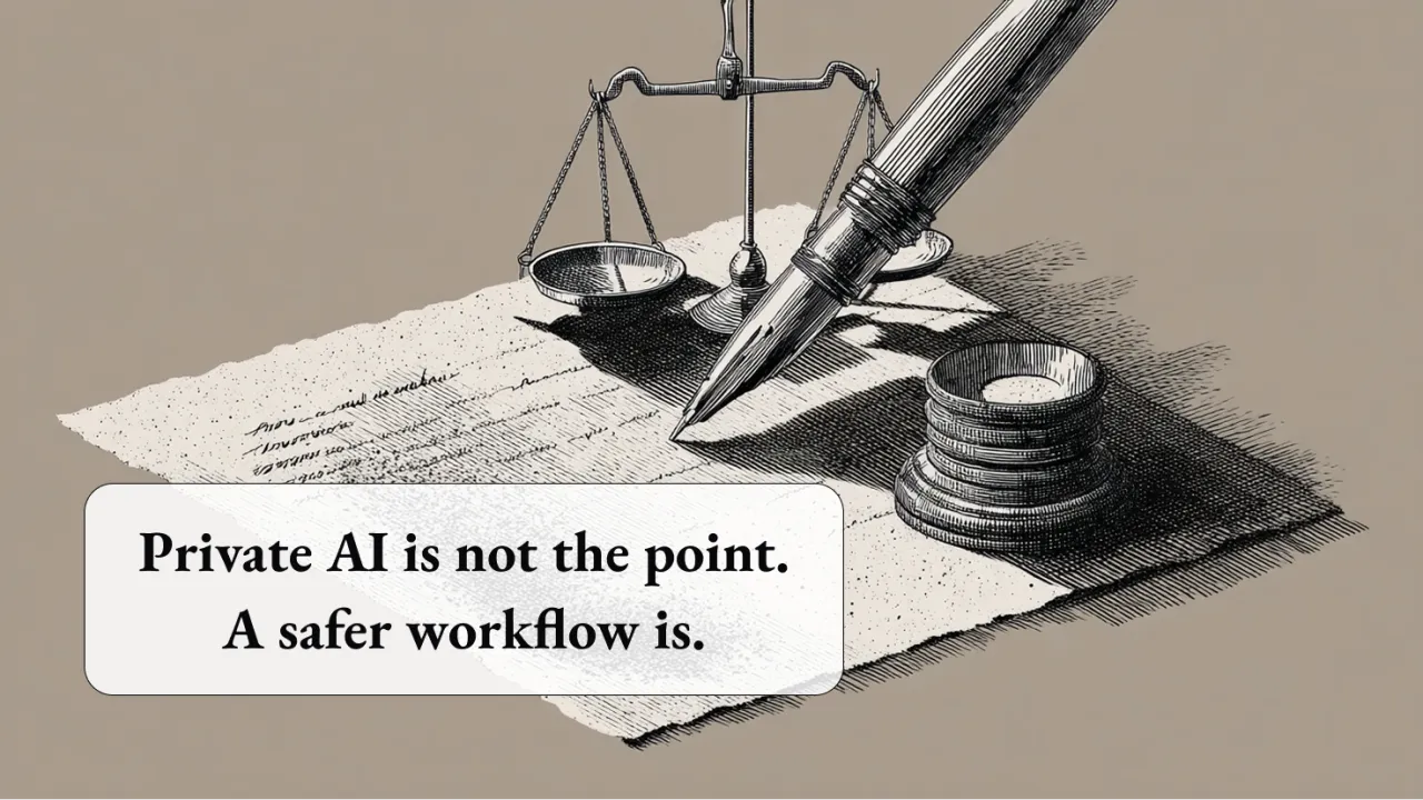 Original illustration of a pen, scales and coins, with the words Private AI is not the point. A safer workflow is.