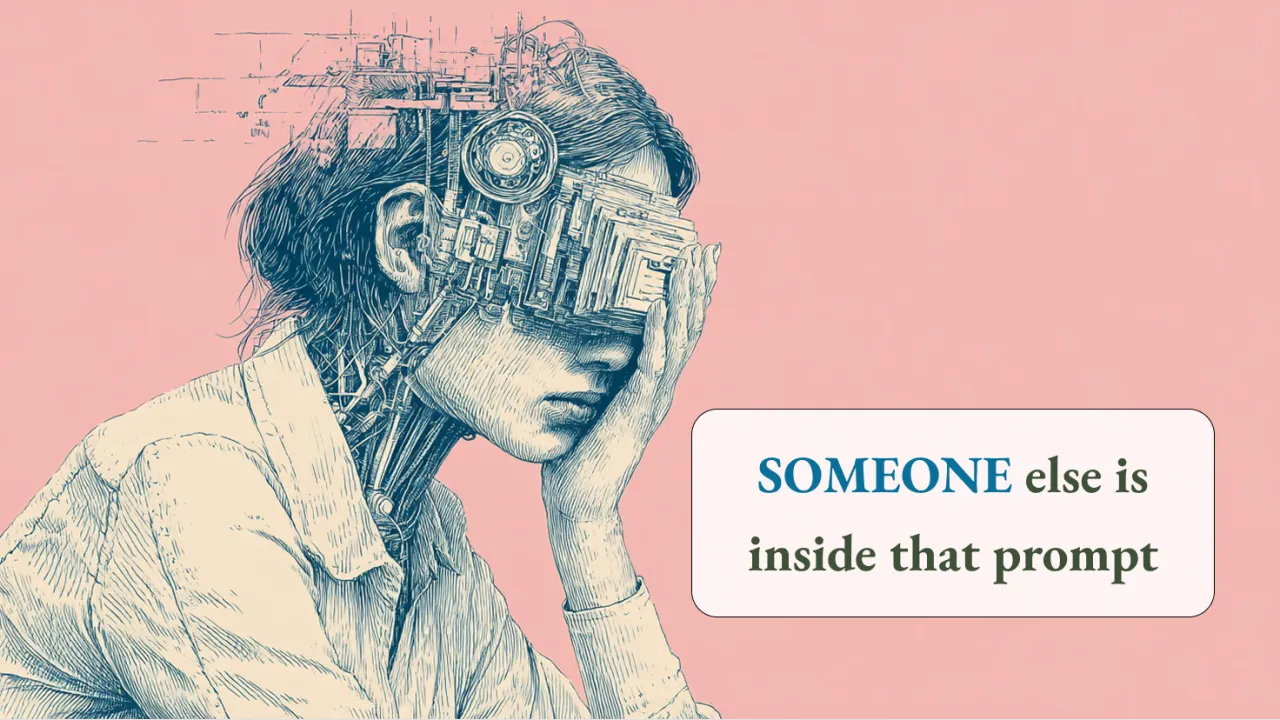 Original pink illustration of a person holding their head, with the words Someone else is inside that prompt.
